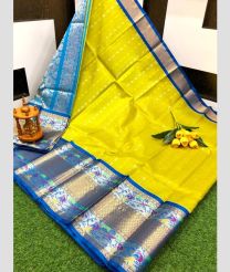 Mustard Yellow and Blue kuppadam pattu sarees with Paithani Border design