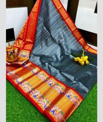 Grey and Orange kuppadam pattu sarees with Paithani Border design