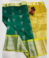 silver and dark green colour kuppadam pattu sarees with All over design