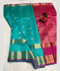 cyan blue and brown colour kuppadam pattu sarees with All over design
