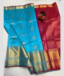 blue and maroon colour kuppadam pattu sarees with All over design