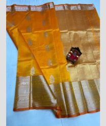 orange and silver colour kuppadam pattu sarees with All over design