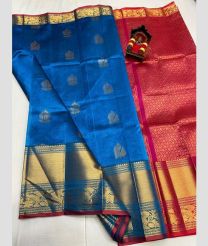 blue and magenta red colour kuppadam pattu sarees with All over design