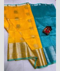 orange and blue colour kuppadam pattu sarees with All over design