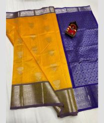 orange  and silver colour kuppadam pattu sarees with All over design