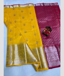 yellow and silver colour kuppadam pattu sarees with All over design