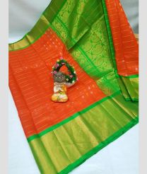 coral and green colour kuppadam pattu sarees with Kanchi Border design
