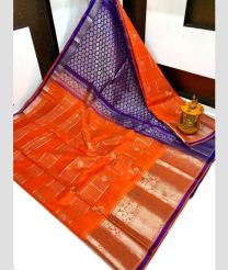 orange and silver colour kuppadam pattu sarees with Kanchi Border Desing design