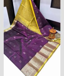 purple and light yellow colour kuppadam pattu sarees with Kanchi Border Desing design