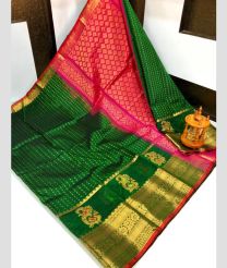 coral red and green colour kuppadam pattu sarees with Kanchi Border Desing design