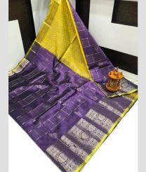 violet and light yellow colour kuppadam pattu sarees with Kanchi Border Desing design