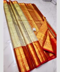 silver and brown colour kuppadam pattu sarees with All over design