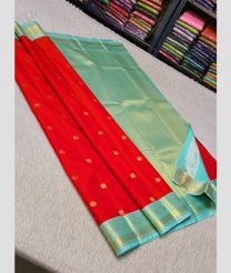 red and silver colour kuppadam pattu sarees with All over design