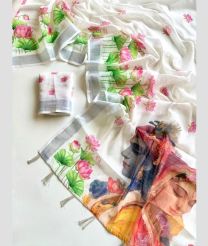 Half White and Lite Grey linen sarees with All over Floral Printed design