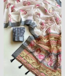 Half White and Grey linen sarees with All over Floral Printed design