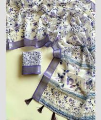 Cream and Purple linen sarees with All over Floral Printed design