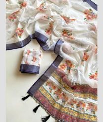 Cream and Navy Blue linen sarees with All over Floral Printed design