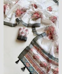 Cream and Dark Grey linen sarees with All over Floral Printed design