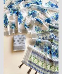 Cream and Blue linen sarees with All over Floral Printed design