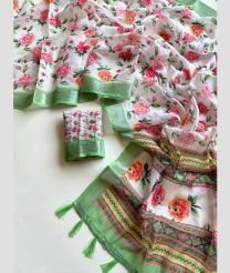 Cream and Green linen sarees with All over Floral Printed design