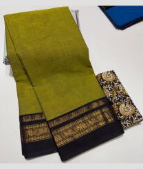 Acid Green and Black mangalagiri cotton sarees with Plain design