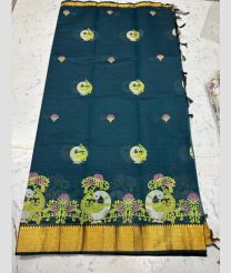 Dark Teal and Golden mangalagiri cotton sarees with Kanchi Border design