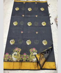 Dark Grey and Golden mangalagiri cotton sarees with Kanchi Border design