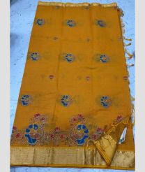 Mustard Yellow and Silver mangalagiri cotton sarees with Kanchi Border design