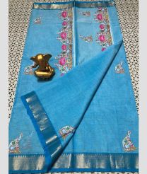 blue colour mangalagiri cotton sarees with All Over Printing design