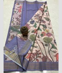 blue and cream colour mangalagiri cotton sarees with All Over Printing design
