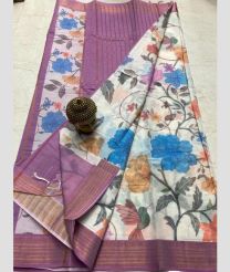 cream and purple colour mangalagiri cotton sarees with All Over Printing design