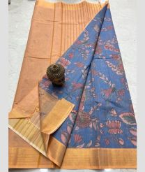 blue and brown colour mangalagiri cotton sarees with All Over Printing design