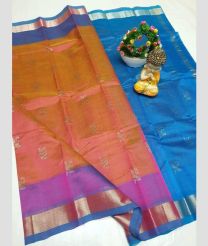 Lite Orange and Blue mangalagiri pattu sarees with Kaddy Border design