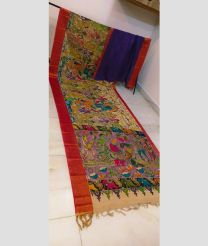 Navy Blue and Red mangalagiri pattu sarees with All over Pen Kalamkari design