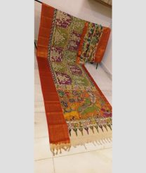 Orange and Fern Green mangalagiri pattu sarees with All over Hand Paint Pen Kalamkari design
