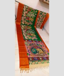Orange and Green mangalagiri pattu sarees with All over Hand Paint Pen Kalamkari design