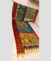 Chestnut and Blue mangalagiri pattu sarees with All over Hand Paint Pen Kalamkari design