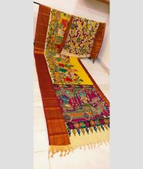 Yellow and Magenta mangalagiri pattu sarees with All over Hand Paint Pen Kalamkari design