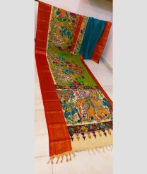 Red and Parrot Green mangalagiri pattu sarees with All over Hand Paint Pen Kalamkari design
