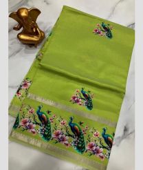 Parrot Green mangalagiri pattu sarees with Gap Border design