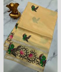 Cream mangalagiri pattu sarees with Gap Border design