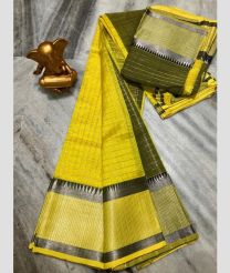 Yellow and Olive mangalagiri pattu sarees with All over Checks design