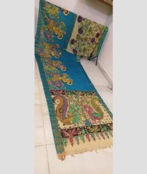 Blue and Cream mangalagiri pattu sarees with All over Hand Paint Pen Kalamkari design