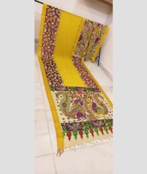 Yellow and Cream mangalagiri pattu sarees with All over Hand Paint Pen Kalamkari design