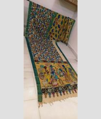 Green and Cream mangalagiri pattu sarees with All over Hand Paint Pen Kalamkari design
