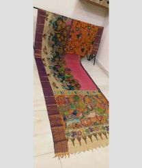 Rose Pink and Cream mangalagiri pattu sarees with All over Hand Paint Pen Kalamkari design
