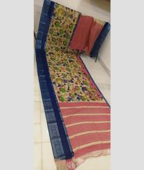 Cream and Navy Blue mangalagiri pattu sarees with All over Hand Paint Pen Kalamkari design