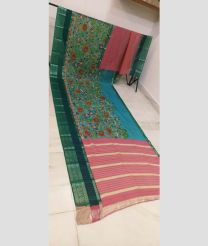 Blue Turquoise and Teal mangalagiri pattu sarees with All over Hand Paint Pen Kalamkari design