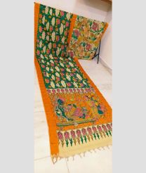 Dark Green and Orange mangalagiri pattu sarees with All over Hand Paint Pen Kalamkari design