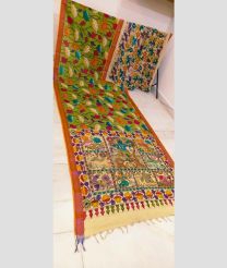 Leafy Green and Orange mangalagiri pattu sarees with All over Hand Paint Pen Kalamkari design